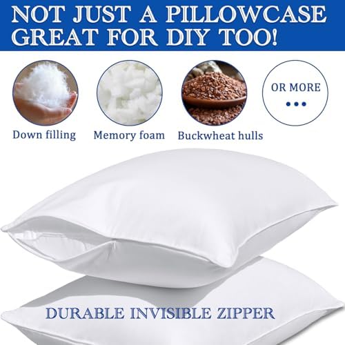 White Pillow Cases Queen Size 100% Cotton with Zipper, Set of 4, 20x30