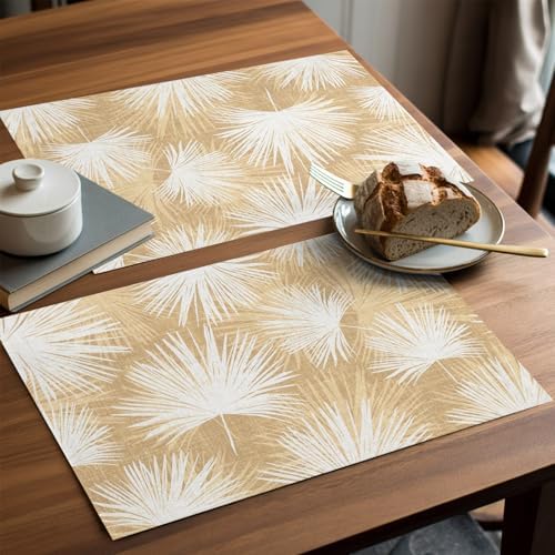 Placemats Set of 8, Beige Palm Leaves Coastal Woven Placemat, Linen