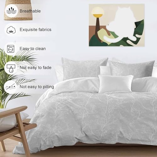 3 Piece Light Grey Botanical Duvet Cover Set Full Size, Microfiber