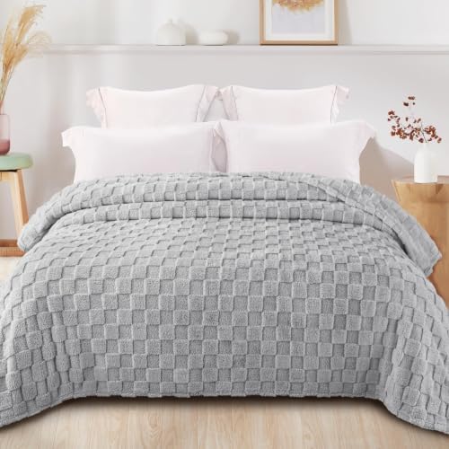 Exclusivo Mezcla 3D Checkered Fleece Queen Size Bed Blanket, Light