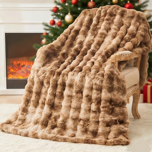 EMME Faux Rabbit Fur Bubble King Blanket, Tie Dye Brown 108" x 90"
