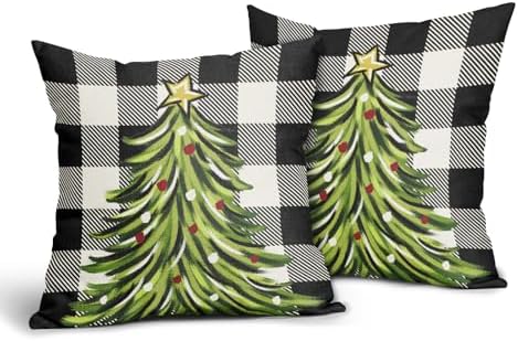 Black Christmas Plaid Pillow Covers 22x22 Inch Set of 2 Xmas Tree