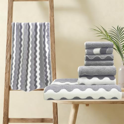 ABREEZE Wave Stripe Pattern Towel Set, Grey, 8pc