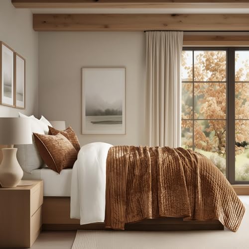 EverGrace Stripe Channel Luxury Velvet Quilt Set King Size, Dark Brown