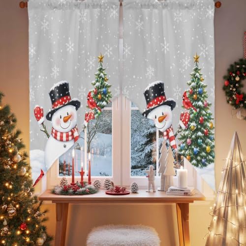 Winter Snowman Swag Valance Curtains Neutral Christmas Tree Red