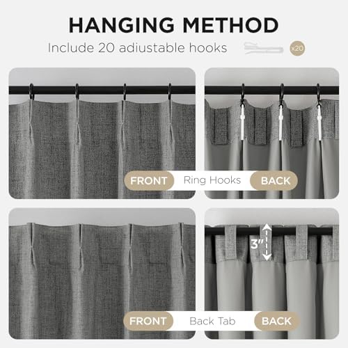 Joydeco Light Grey Pinch Pleated Linen Curtains 108 Inch Long, 100%