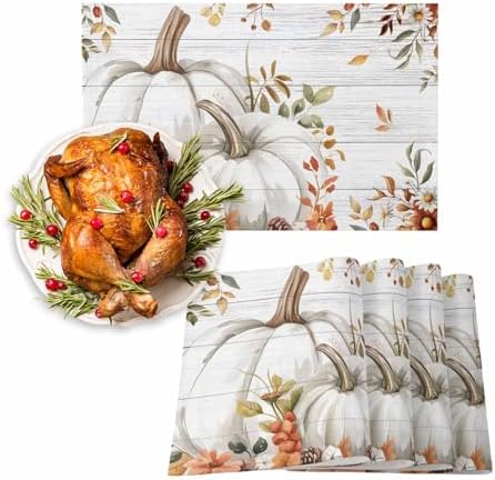 Placemats Set of 8, Autumn White Pumpkin Thanksgiving Washable Table