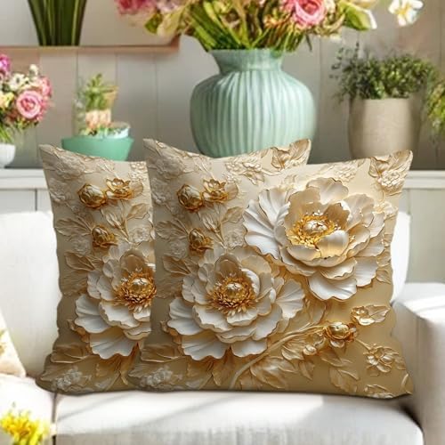 Gold Floral Pillow Covers Set of 2, Cream Peony Decorative Throw