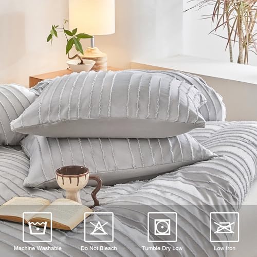 WARMDERN Lightgrey Boho Duvet Cover Queen Size, Striped Tufted Bedding