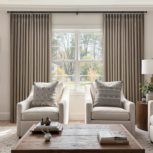 2 Panels Dark Brown Pinch Pleated Linen Curtains 96 Inches Long