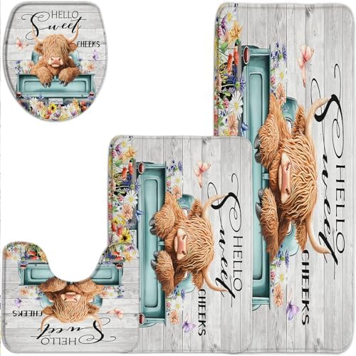 4 Piece Bathroom Rugs Set Farmhouse Highland Cow Bath Mat Western
