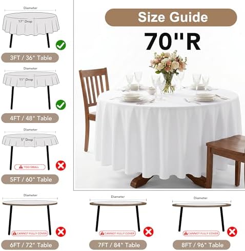 Fitable 6 Pack White Round Tablecloths - 70 Inches in Diameter
