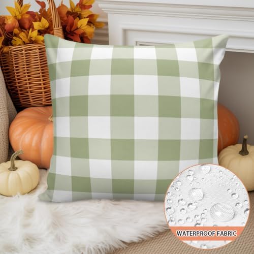 Sage Green White Plaid Waterproof Pillow Covers Set of 2,Minimalist