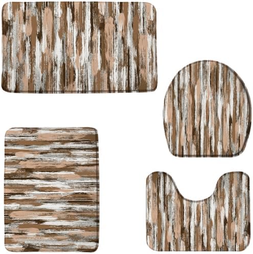 4 Piece Bathroom Rugs Set Brown Stripe Bath Mat Abstract Modern