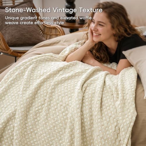 Stone Washed 100% Cotton Waffle Blanket Queen Size, Sand