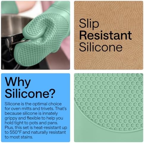 GORILLA GRIP BPA-Free Silicone Oven Mitts and Pot Holders Set, Mint