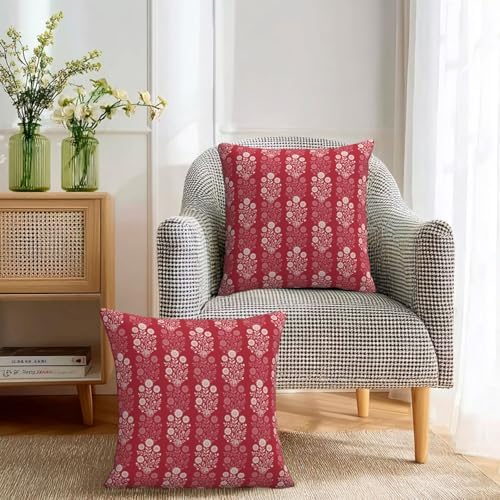 KiuLoam Vintage Red Cream Floral Block Print Decorative Pillow Covers