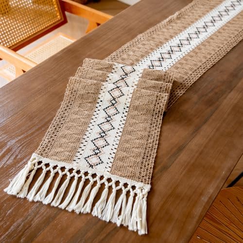 EMMTEEY Macrame Table Runner Boho Style 108 Inches Long, Brown White