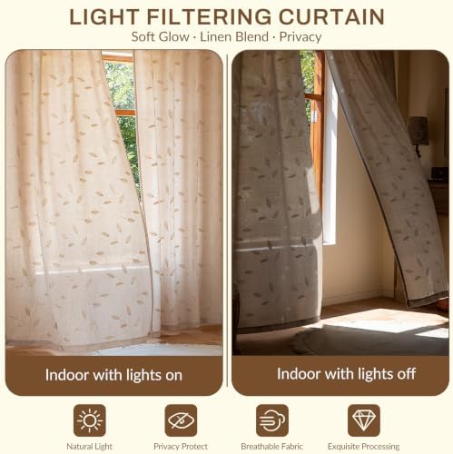 AmHoo 2 Panels Embroidered Leaf Faux Linen Curtains 170GSM Light