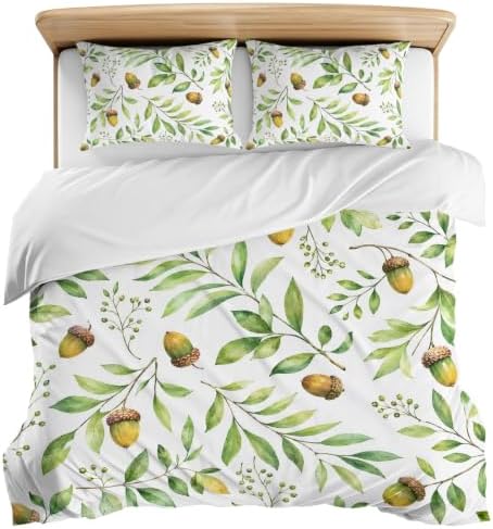 3 Pieces Bedding Set Queen Size, Green Leaves Soft Duvet Covers Set