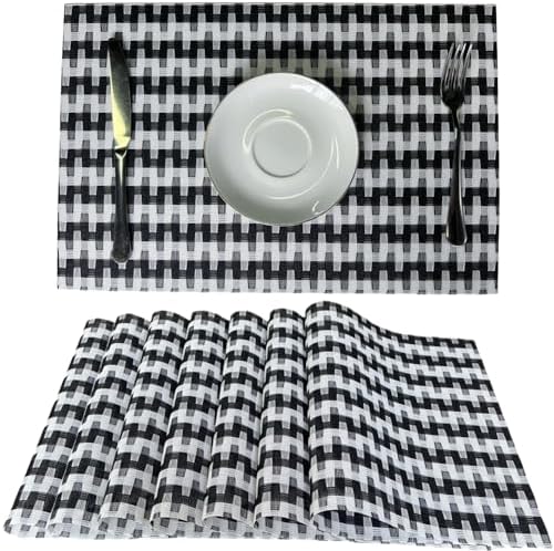 WAZAIGUR Placemats Set of 8, Woven Vinyl Table Placemats, Black White