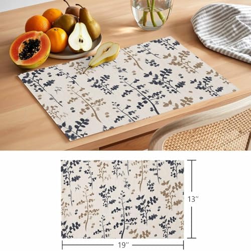 Placemats Set of 8, Grey Brown Botanical Woven Placemat, Linen Place