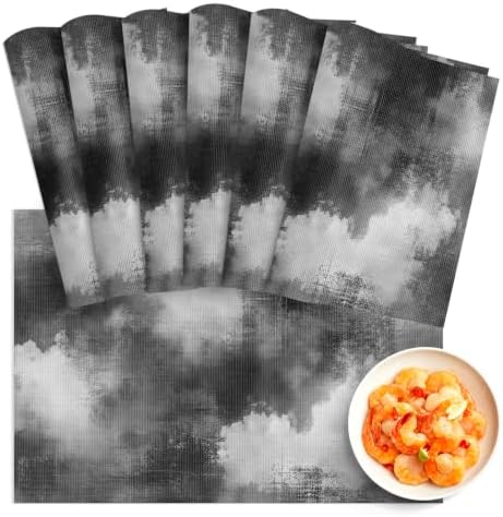 Black Grey Ombre Placemats Set of 6, Washable PVC Kitchen Table Mats