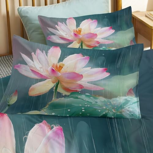 California King Duvet Cover Set Chinese Art Lotus Flowers Rainwater