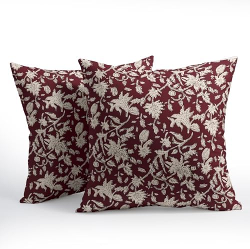 Wine Red Floral Block Print Throw Pillow Covers 18x18 Inch Set of 2