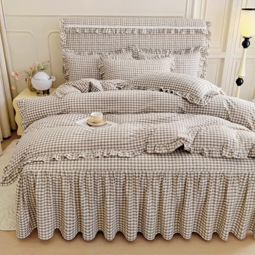 mixinni Tan Gingham Ruffle Duvet Cover Twin Size 3 Pieces – 100%