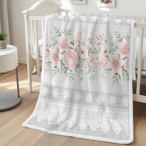 Fleece Sherpa Bed Blankets, Pink Flowers Microfiber Plush Flannel