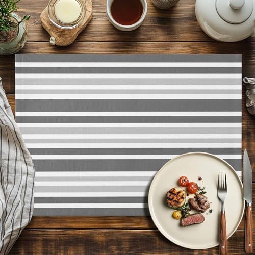 Gradient Gray Stripe Placemats Set of 8, Geometric Washable Cotton