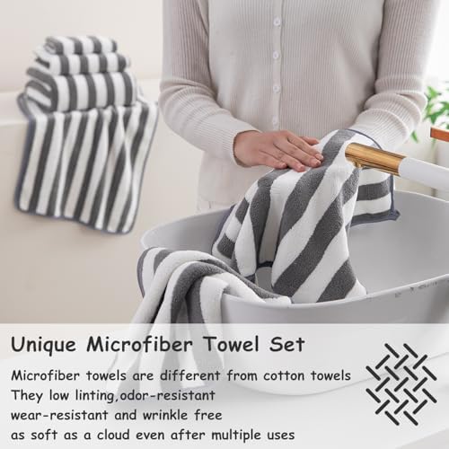 18 Pcs Gray Stripe Bath Towel Set with Hanging Loop-6 Bath Towels,6