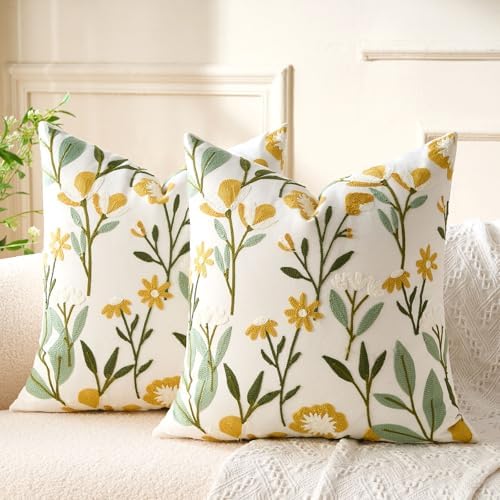 Embroidered Floral Throw Pillow Covers Summer Decorative Couch Pillow
