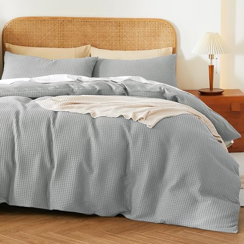 3Pcs 100% Egyptian Cotton Waffle Duvet Cover Set Queen 90 x 90, Gray