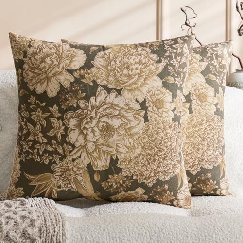 Floral Green Vintage Pillow Covers 22x22 Inch Set of 2 Farmhouse Block