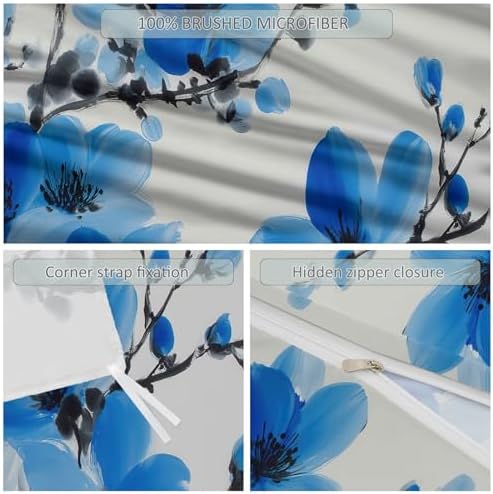 Light Gray Duvet Cover Set King Size, Plant Minimalist Branch Blue