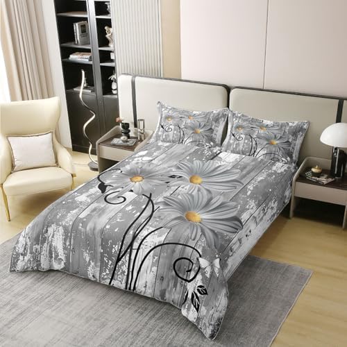 Erosebridal Daisy 100% Cotton Duvet Cover Grey Floral Bedding Set