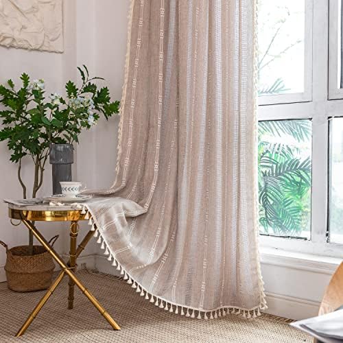 Deeprove Boho Curtains 84 Inches Long for Bedroom, Taupe Cotton Linen
