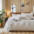 Textured Leaf Duvet Cover Set King, Fringe Trim Bedding Set White