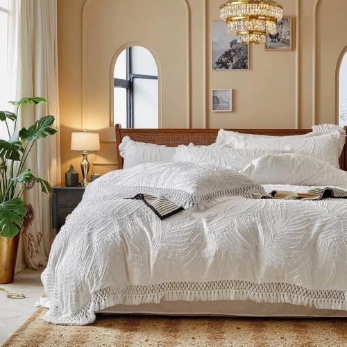 Textured Leaf Duvet Cover Set King, Fringe Trim Bedding Set White