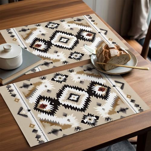 Placemats Set of 8, Black Brown Boho Woven Placemat, Linen Place Mats