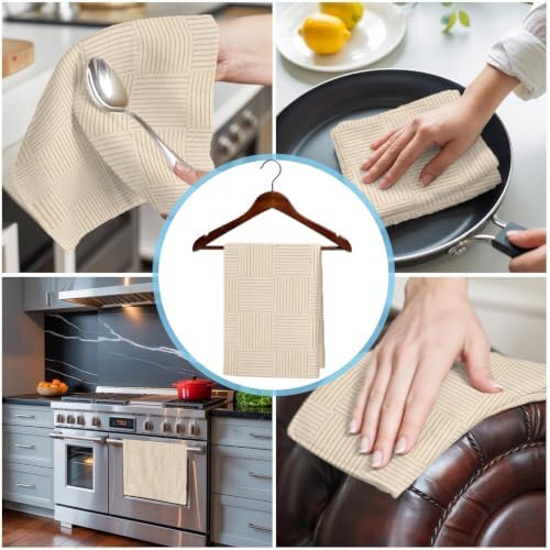 Beige Striped Kitchen Towels Set of 3, Water Absorbent Dish Towel