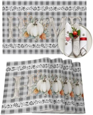 Grey Checked Placemats Set of 8, Cotton Linen Fabric Place Mats