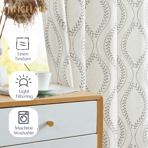 jinchan Boho Linen Curtains 63 Inch Grey on Beige Grommet 2 Panels