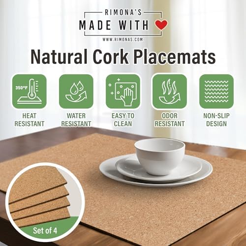 RIMONA'S Heat Resistant Cork Placemats Set of 4, Water Resistant