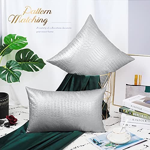 BRAWARM Silver Faux Leather Pillow Covers 18x18, Embossed Crocodile