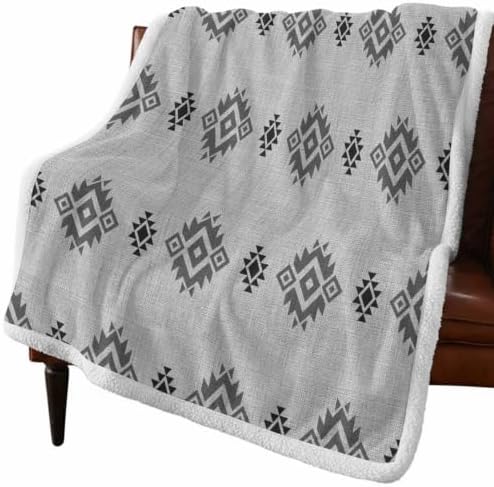 Fleece Sherpa Bed Blankets, Grey Boho Microfiber Plush Flannel Throw