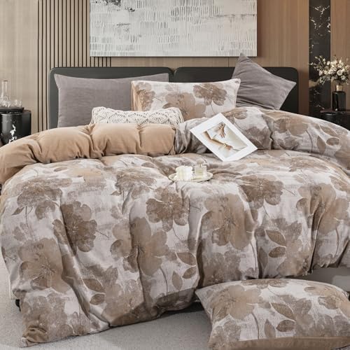 Brown Floral 100% Cotton Duvet Cover Queen Size, Soft Breathable