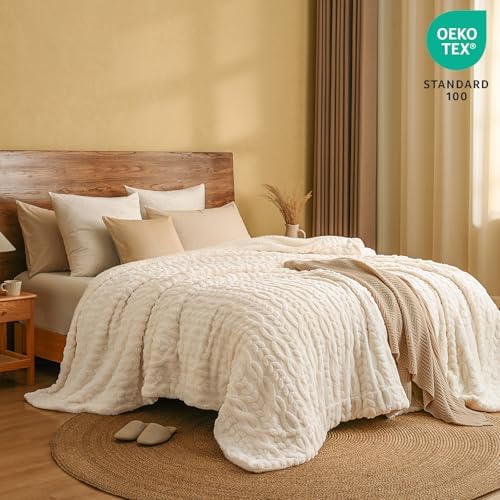 PHF Soft Sherpa Fleece Blanket King, Tufted Jacquard, 04-Natural Cream